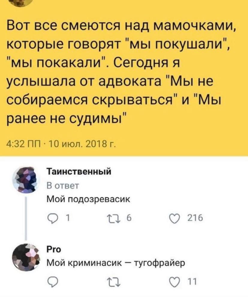 Вот все смеются над мамочками, которые говорят "мы покушали", "мы покакали". Сегодня я услышала от адвоката "Мы не собираемся скрываться" и "Мы ранее не судимы" 4:32 10 июл. 2018 Таинственный В ответ 