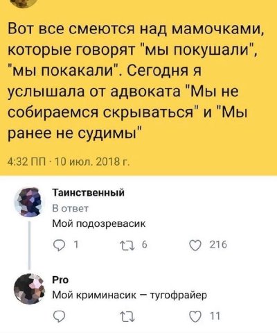 Вот все смеются над мамочками, которые говорят "мы покушали", "мы покакали". Сегодня я услышала от адвоката "Мы не собираемся скрываться" и "Мы ранее не судимы" 4:32 10 июл. 2018 Таинственный В ответ 
