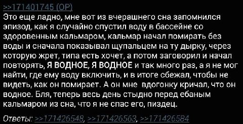 Это еще ладно, мне вот из вчерашнего сна запомнился эпизод, как я случайно спустил воду в бассейне здоровенным кальмаром, кальмар начал помирать без воды и сначала показывал щупальцем нату дырку, чере