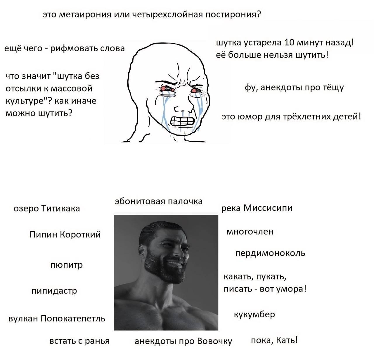 это метаирония или четырехслойная постирония? шутка устарела 10 минут назад! ещё чего рифмовать слова её больше нельзя шутить! что значит "шутка без отсылки к массовой анекдоты про тёщу культуре"? как