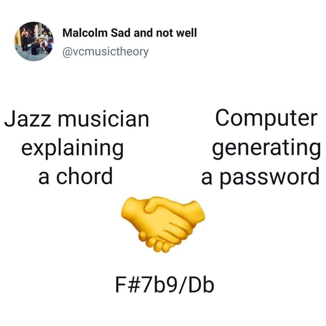 Malcolm Sad and not well Jazz musician Computer explaining generating a chord a password F#7b9/Db