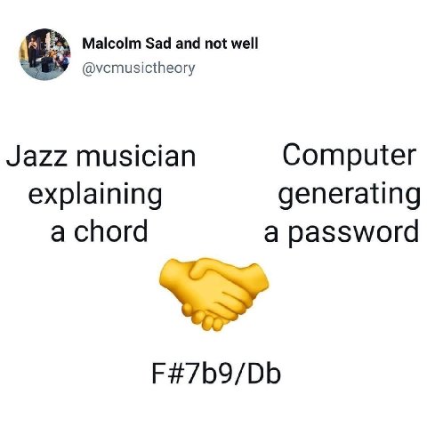 Malcolm Sad and not well Jazz musician Computer explaining generating a chord a password F#7b9/Db