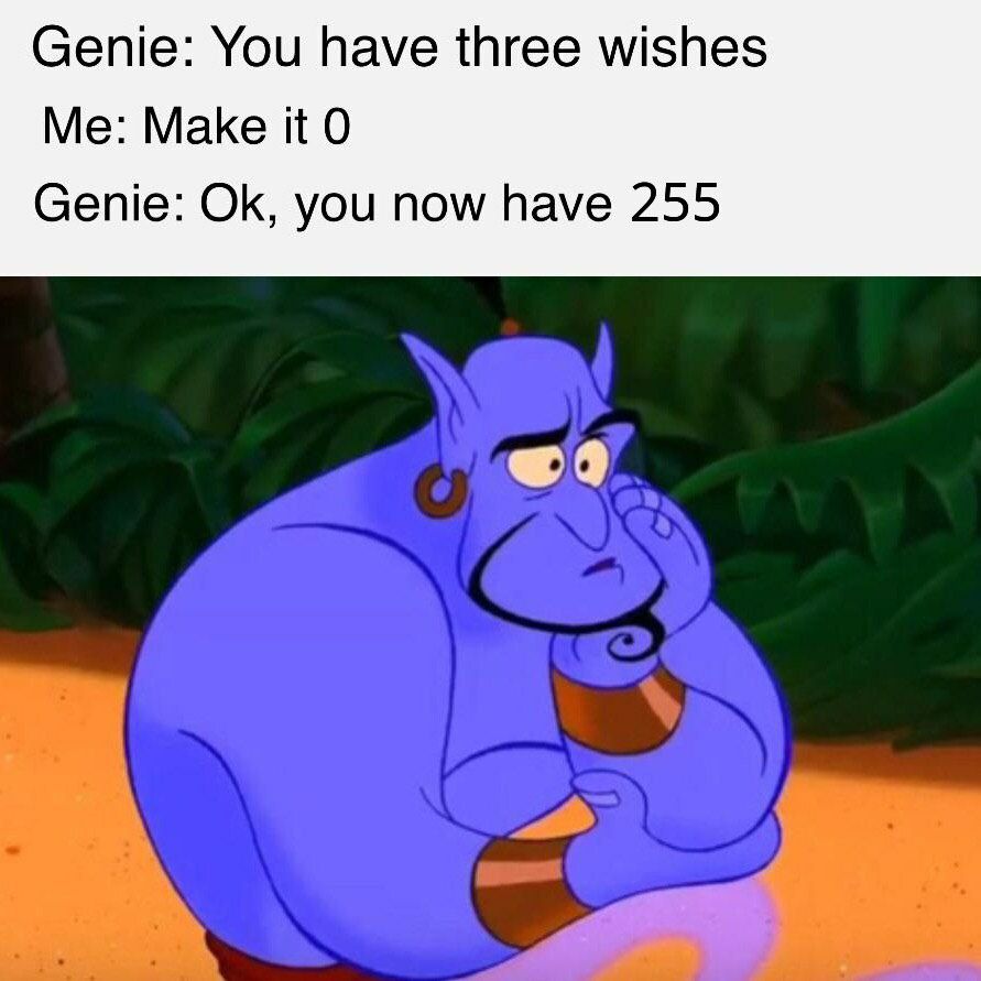 Genie: You have three wishes Me: Make it Genie: you now have 255