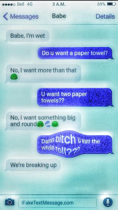 Bell 3 69% Messages Babe Details Babe, wet wanta paper towel? No, want more than that want two paper towels?? No, want something big and round@ the We're breaking up iFakeTextMessage.com