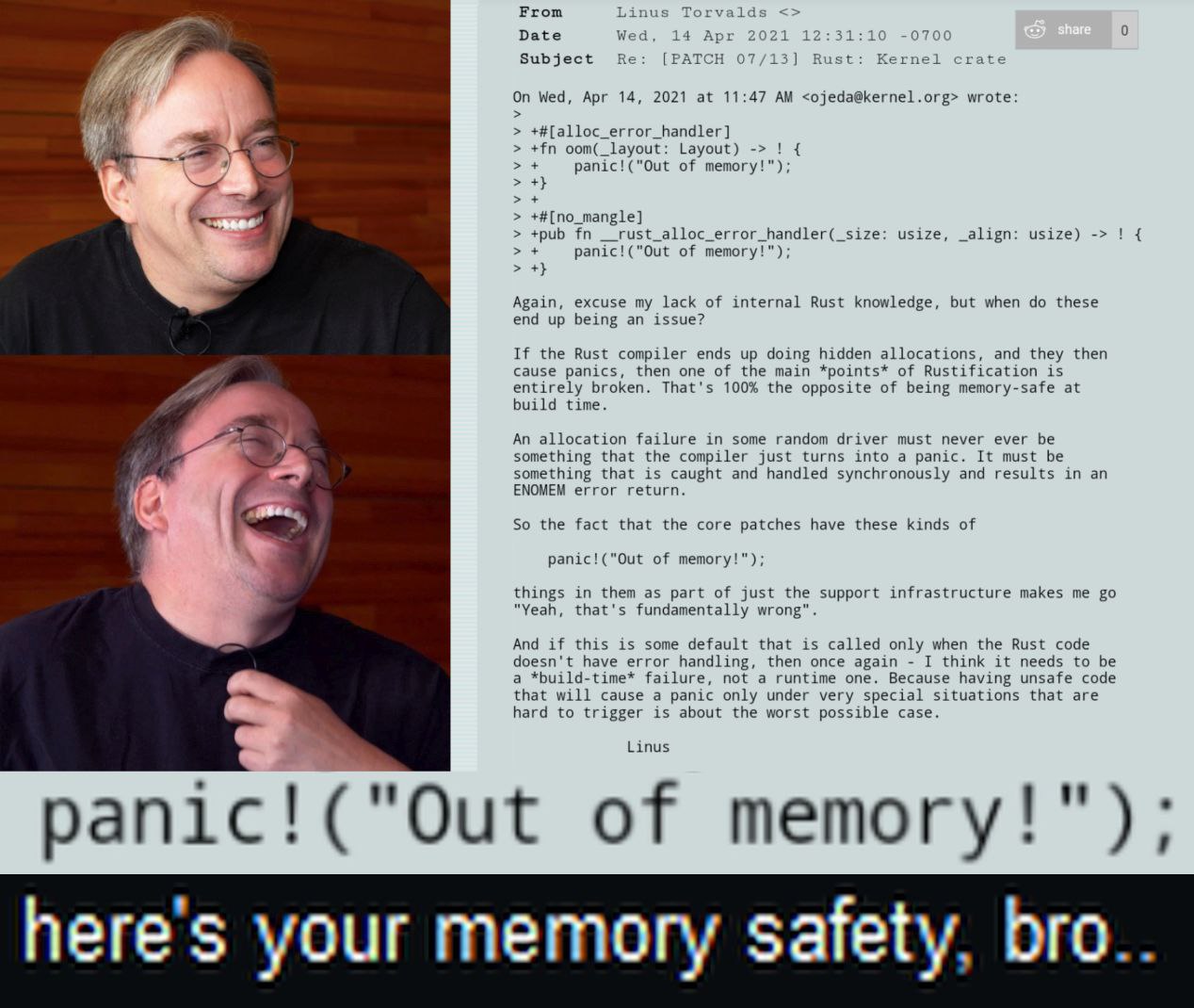 From Date 14 о Subject (PAT ernel crate On Wed, Apr 14, 2021 at 11:47 <ojeda@kernel.org> wrote +#[alloc_error_handler] Layout) panic!("Out of memory!") +#[no_mangle] +pub usize, _align usize) рапс! ("