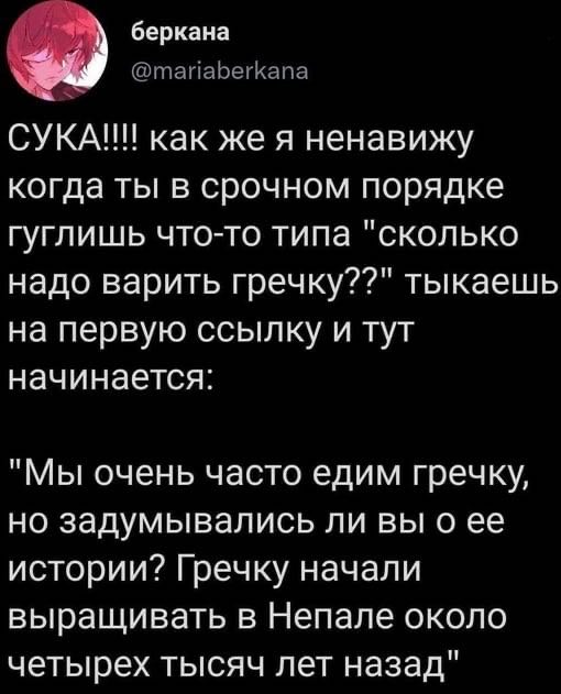 беркана как же я ненавижу когда ты в срочном порядке гуглишь что-то типа "сколько надо варить гречку??" тыкаешь на первую ссылку и тут начинается: "Мы очень часто едим гречку, но задумывались ли вы о 