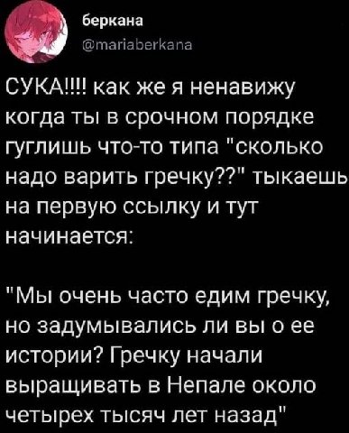 беркана как же я ненавижу когда ты в срочном порядке гуглишь что-то типа "сколько надо варить гречку??" тыкаешь на первую ссылку и тут начинается: "Мы очень часто едим гречку, но задумывались ли вы о 