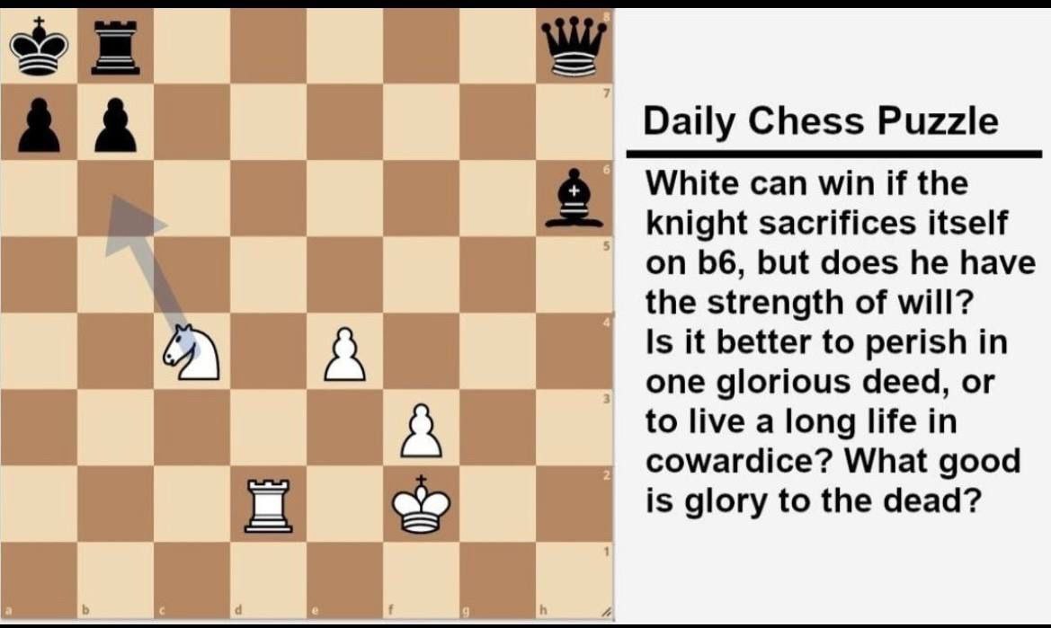Daily Chess Puzzle White can win if the knight sacrifices itself on but does he have the strength of will? 15 it better to perish in one glorious deed, or to live a long life cowardice? What good is g