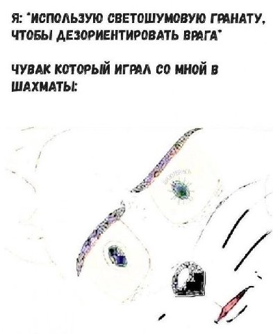 Я: "ИСПОЛЬЗУЮ СВЕТОШУМОВУЮ ГРАНАТУ, ЧТОБЫ ДЕЗОРИЕНТИРОВАТЬ ВРАГА“ ЧУВАК КОТОРЫЙ ИГРАЛ МНОЙ В ШАХМАТЫ: 4