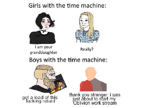 Girls with the time machine: your granddaughter Really? Boys with the time machine: thank you stranger, was get a load of this fucking retard just about to start Oblivion work stream