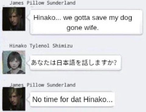 James Pillow Sunderland Hinako... we gotta save my dog gone wife. Hinako Tylenol Shimizu James Pillow Sunderland No time for dat Hinako...