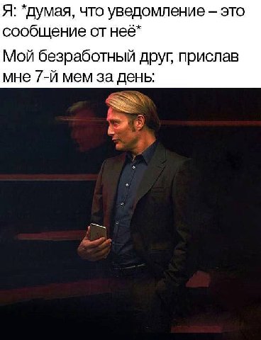 Я: *думая, что уведомление это сообщение от неё* Мой безработный друг, прислав мне мем за день:
