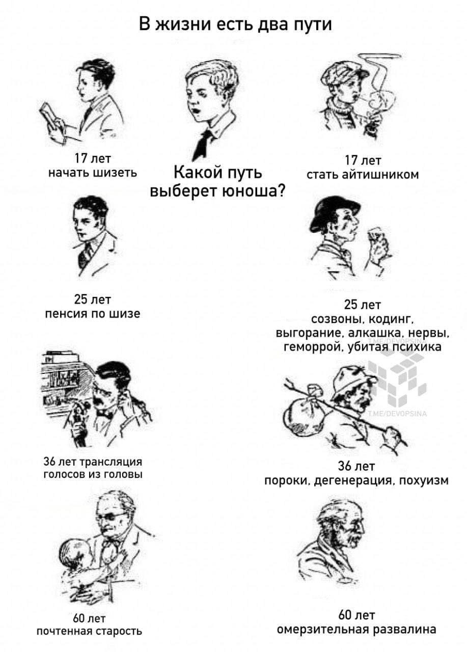 В жизни есть два пути 5 17 лет 17 лет начать шизеть Какой путь стать айтишником выберет юноша? a 25 лет 25 лет пенсия по шизе созвоны, кодинг, выгорание, алкашка, нервы геморрой, убитая психика 4 36 л