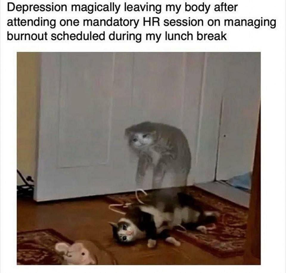 Depression magically leaving my body after attending one mandatory session on managing burnout scheduled during my lunch break