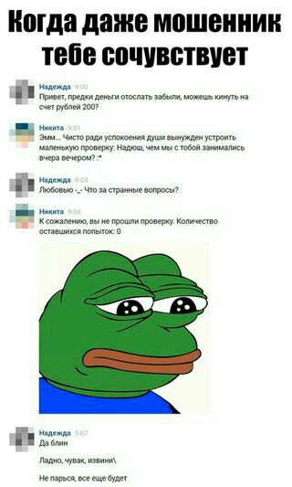 Когда даже мошенник тебе сочувствует Надежда a Привет, предки деньги отослать забыли, можешь кинуть на счет рублей 200? Нихита Эмм... Чисто ради успокоения души вынужден устроить маленькую проверку; ч