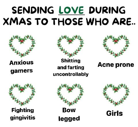 SENDING LOVE DURING XMAS TO THOSE WHO ARE Anxious Acne prone gamers and farting uncontrollably у Fighting Bow gingivitis Girls legged