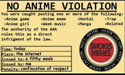 NO ANIME VIOLATION You were caught posting one or more of the following: cAnime game cAnime meme оТгар girl oWeeb music oManga oRelated The authority of the AAA rules this as a direct infrigment of th