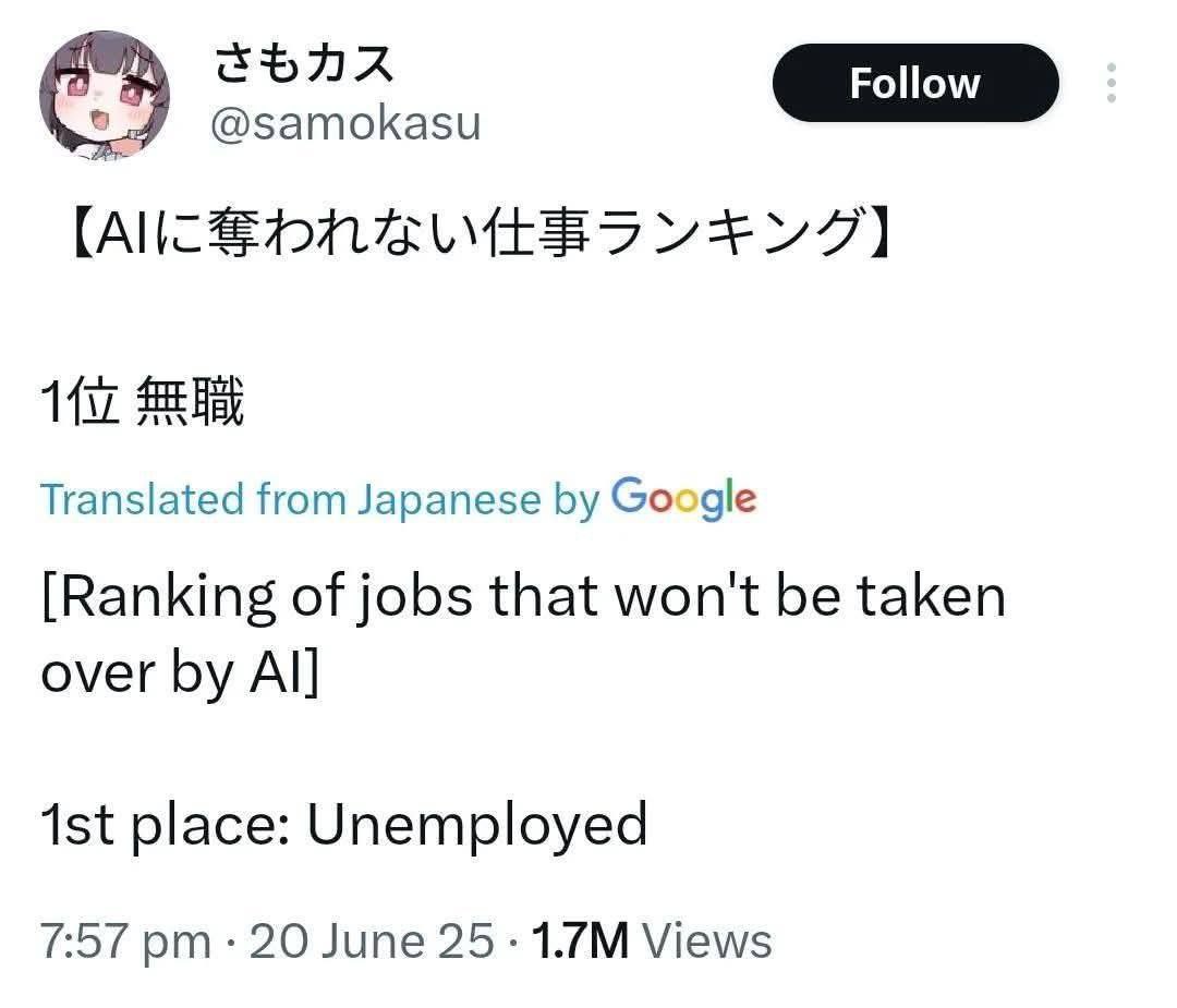 @samokasu Translated from Japanese Google [Ranking of jobs that won't be taken over place: Unemployed 7:57 20 June 25 Views