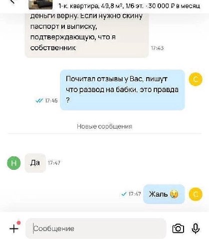 1-к. квартира, 49,8 1/6 -30 000 вмесяц деньги верну. если нужно скину паспорт и выписку, подтверждающую, что я собственник 17:43 Почитал Вас, пишут что развод на бабки, это правда 17:45 2 Новые сообще