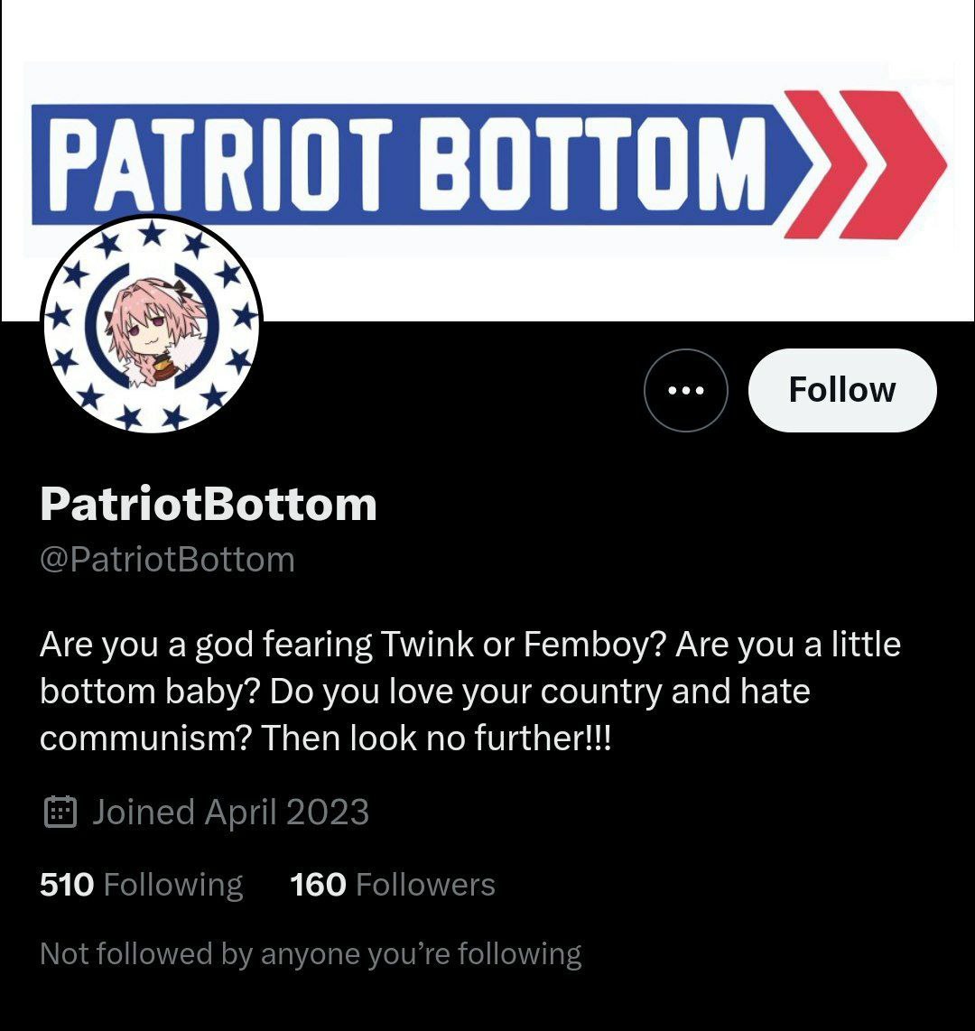 PATRIOT BOTTOM PatriotBottom Are you a god fearing Twink or Femboy? Are you a little bottom baby? you love your country and hate communism? Then look no further!!! 510 160