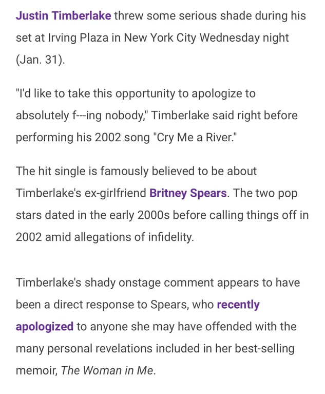Justin Timberlake threw some serious shade during his set at Irving Plaza in New York City Wednesday night (Jan. 31). like to take this opportunity to apologize to absolutely nobody," Timberlake said 