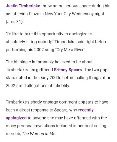 Justin Timberlake threw some serious shade during his set at Irving Plaza in New York City Wednesday night (Jan. 31). like to take this opportunity to apologize to absolutely nobody," Timberlake said 