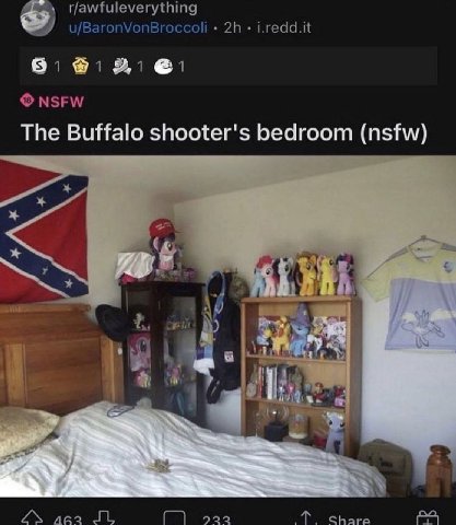 r/awfuleverything u/BaronVonBroccoli i.redd.it NSFW The Buffalo shooter's bedroom (nsfw) 171 а 922