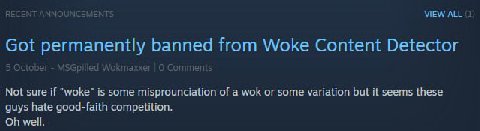 Got permanently banned from Woke Content Detector Not sure if "woke" is some misprounciation of a wok or some variation but it seems these guys hate good-faith competition. On well.