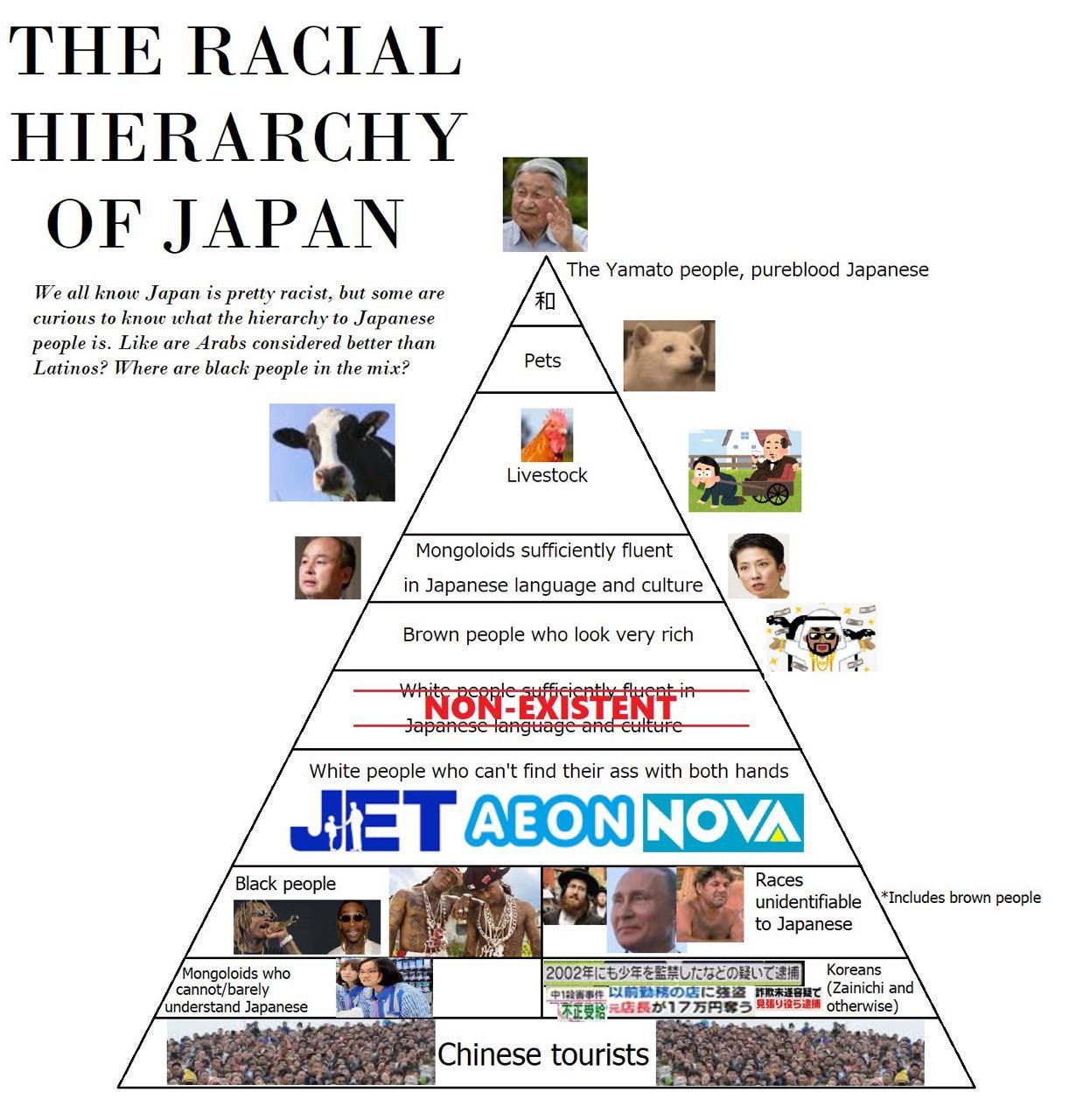 THE RACIAL HIERARCHY OF JAPAN We all know Japan is pretty racist, but some are curious to know what the hierarchy to Japanese Yamato people, pureblood Japanese people is. Like are Arabs considered bet