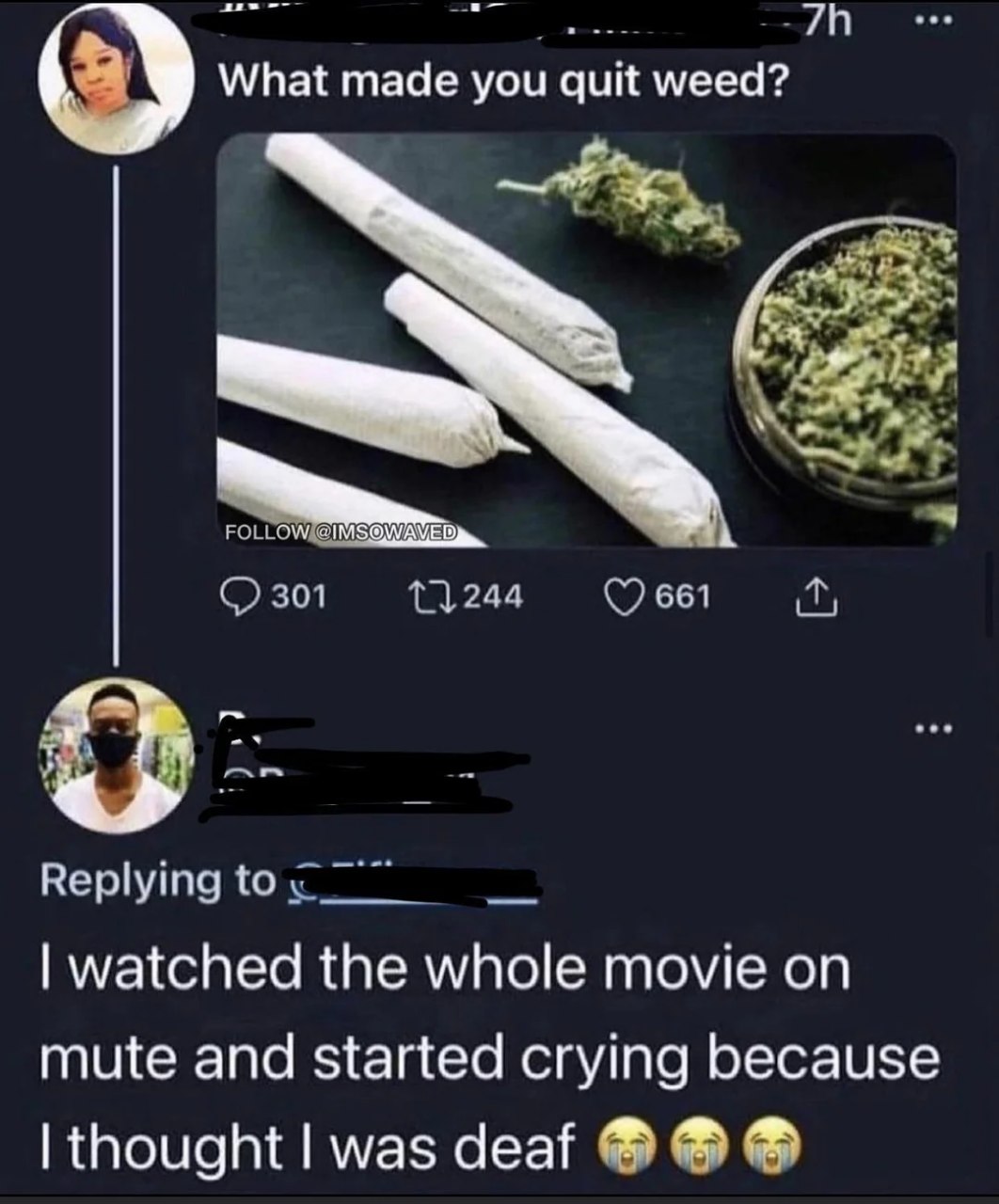 7А What made you quit weed? FOLLOWI@IMSOWAVED 301 11244 661 Replying watched the whole movie on mute and started crying because thought was deaf