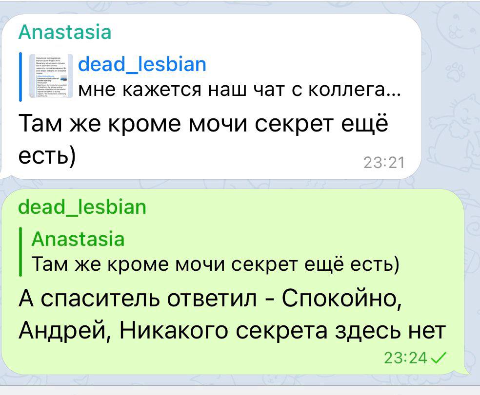 Anastasia dead_lesbian мне кажется наш чат с коллега... Там же кроме мочи секрет еще есть) dead_lesbian Anastasia Там же кроме мочи секрет ещё есть) А спаситель ответил Спокойно, Андрей, Никакого секр
