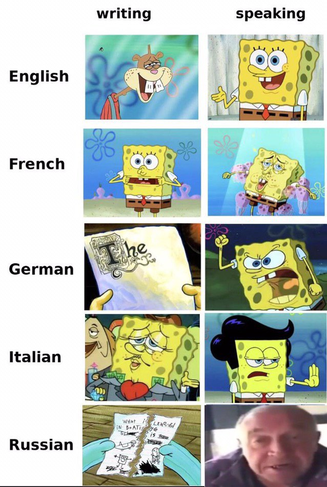 writing speaking English =a French 89 German Italian SAS We Russian