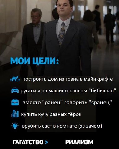 МОИ ЦЕЛИ: построить дом из говна в майнкрафте ругаться на машины словом "бибикало" вместо "ранец" говорить "сранец" i купить кучу разных тёрок врубить свет в комнате зачем) ГАГАТСТВО РИАЛИЗМ