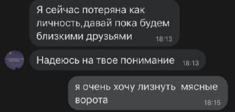 Я сейчас потеряна как личность, давай пока будем близкими друзьями 18:13 Надеюсь на твое понимание я очень хочу лизнуть мясные ворота 18:15