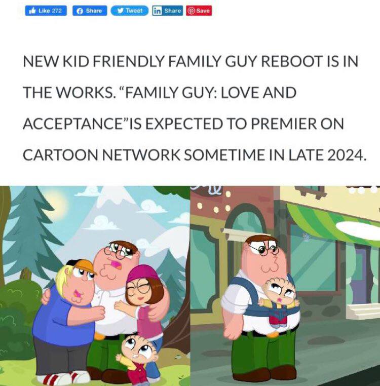 NEW KID FRIENDLY FAMILY GUY REBOOT IS IN THE WORKS. “FAMILY GUY: LOVE AND АССЕРТАМСЕ”1$ EXPECTED TO PREMIER ON CARTOON NETWORK SOMETIME IN LATE 2024.