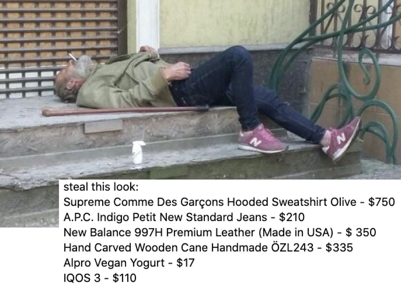 9 и Cre 4 steal this look: Supreme Comme Des Gargons Hooded Sweatshirt Olive $750 АРС. Indigo Petit New Standard Jeans $210 New Balance Premium Leather (Made in USA) 350 Hand Carved Wooden Cane Handma