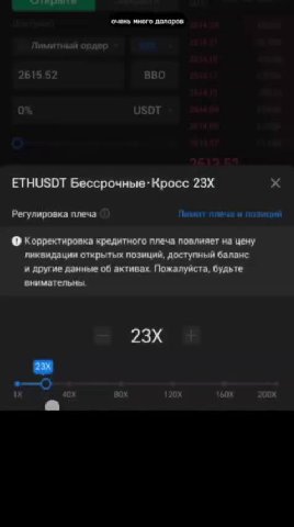 очень много долоров ETHUSDT Бессрочные-Кросс 23X x Регулировка плеча Лимит плеча и позиций. @ Корректировка кредитного плеча повлияет на цену ‘ликвидации открытых позиций, доступный баланс и другие да