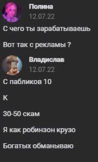 Полина С чего ты зарабатываешь Вот так с рекламы Владислав С пабликов 10 К 30-50 скам Я как робинзон крузо Богатых обманываю