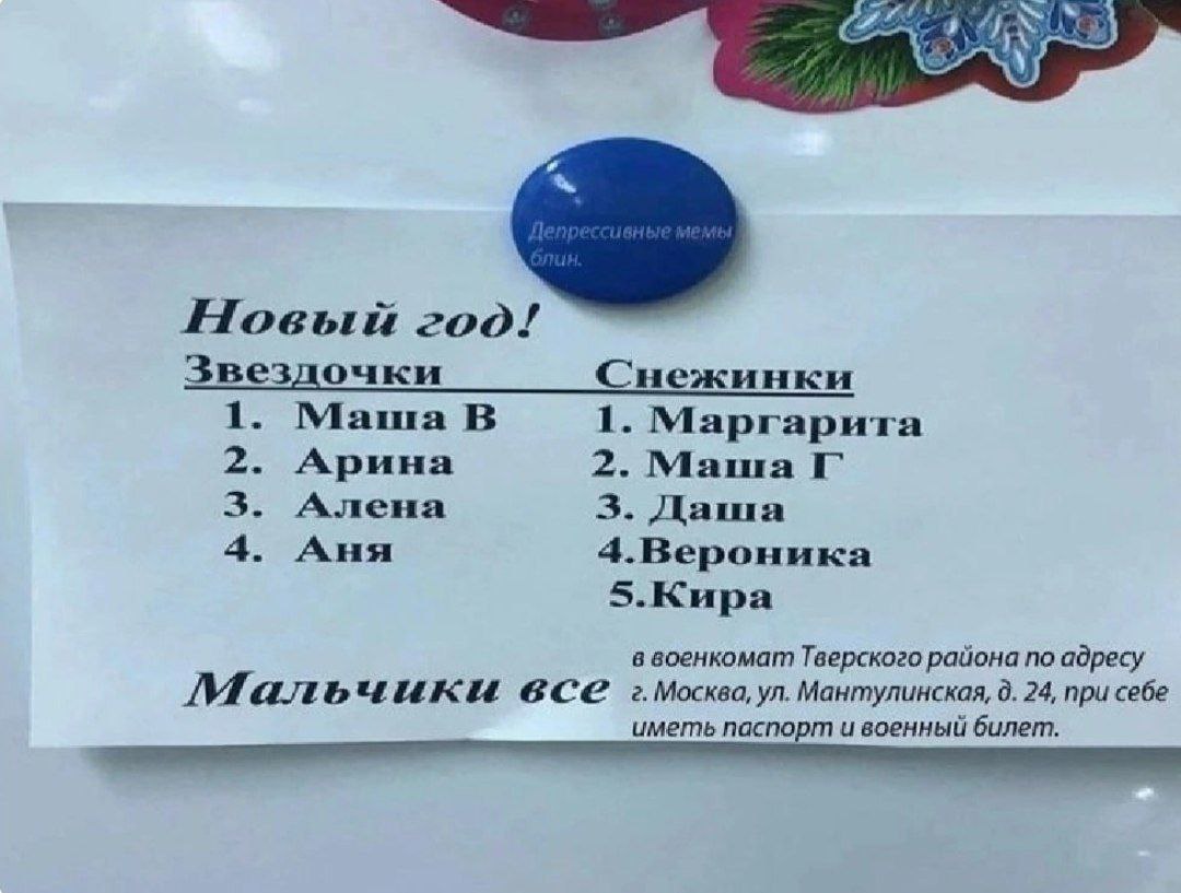 4 Новый год! Звездочки Снежинки 1. Маша В 1. Маргарита 2. Арина 2. Маша 3. Алена 3. Даша 4. Аня 4.Вероника 5.Кира в военкомат Тверского района по адресу все г.Москва, Мантулинская, 24, при себе иметь 