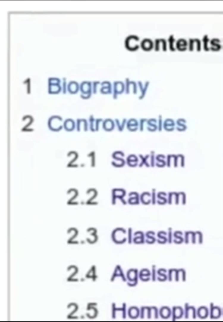 Contents 1 Biography 2 Controversies 2.1 Sexism 2.2 Racism 2.3 Classism 2.4 Ageism 2.5 Homophob