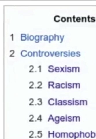 Contents 1 Biography 2 Controversies 2.1 Sexism 2.2 Racism 2.3 Classism 2.4 Ageism 2.5 Homophob