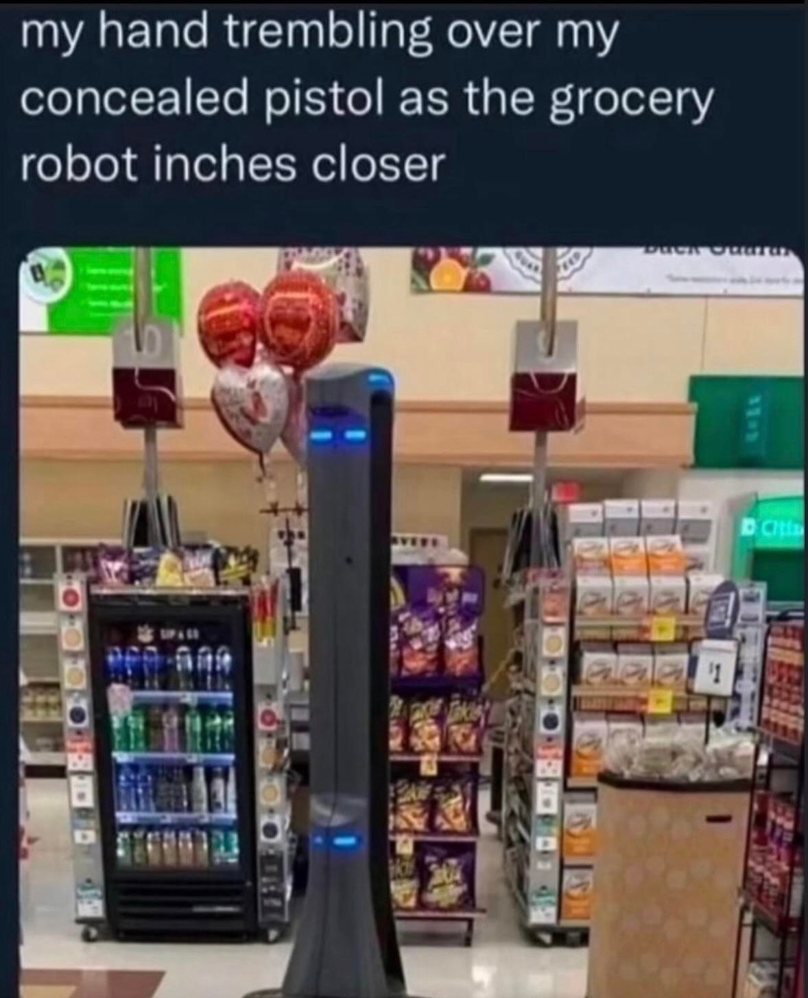 my hand trembling over my concealed pistol as the grocery robot inches closer 1:1