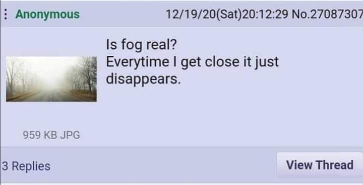 Anonymous 12/19/20(Sat)20:12:29 No.27087307 fog real? Everytime get close it just disappears. 959 JPG 3 Replies View Thread