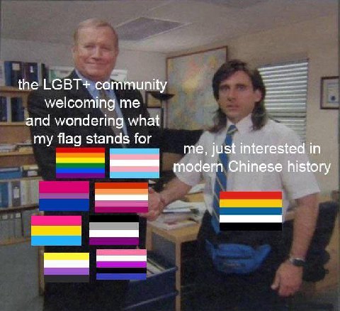 the LGBT+ community welcoming me and wondering what my flag stands for me, just interested in Chinese history