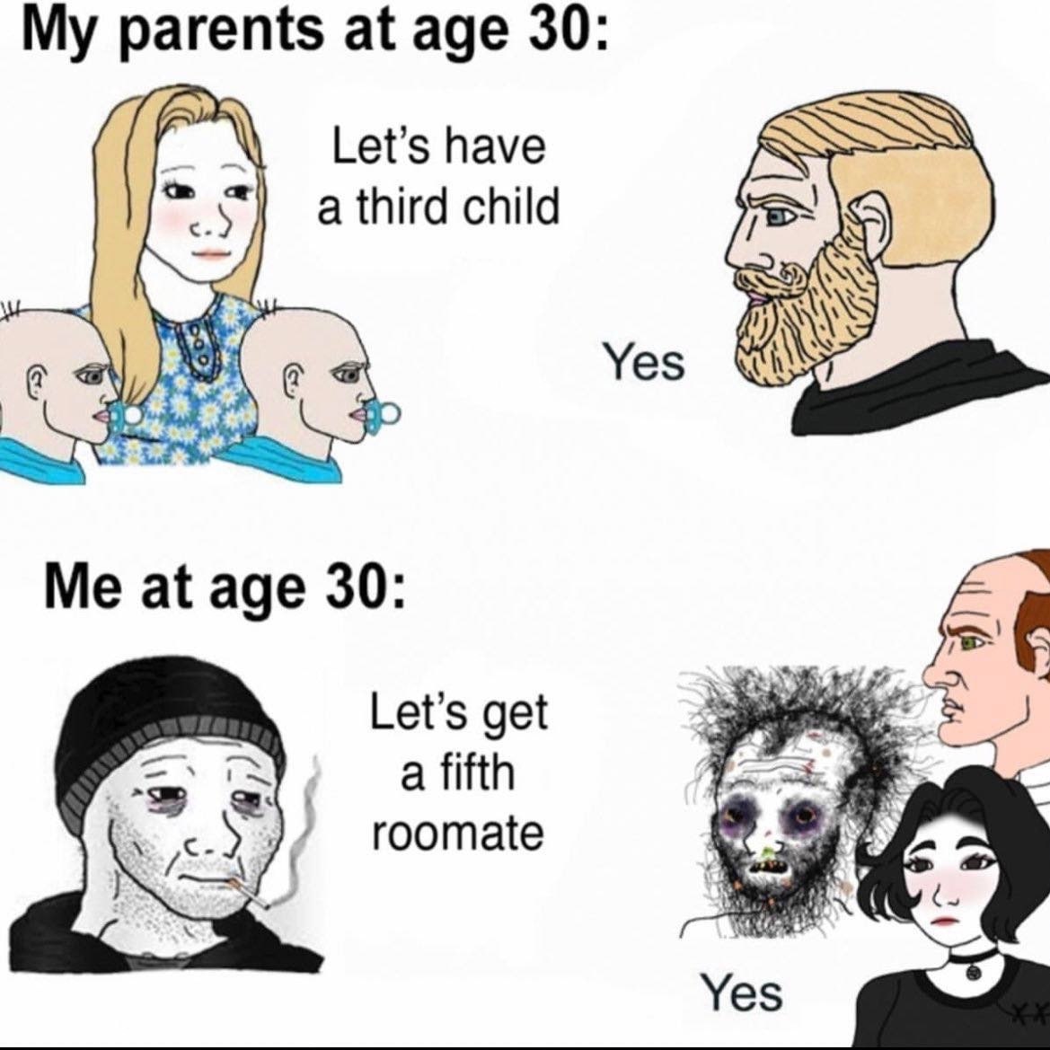 My parents at age 30: тег have a third child Yes Me at age 30: 9 57. 4 Let’s get afifth roomate Yes