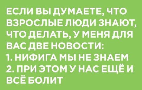ЕСЛИ ВЫ ДУМАЕТЕ, ЧТО ВЗРОСЛЫЕ ЛЮДИ ЗНАЮТ, ЧТО ДЕЛАТЬ, У МЕНЯ ДЛЯ ВАС ДВЕ НОВОСТИ: 1. НИФИГА МЫ НЕЗНАЕМ 2. ПРИЭТОМУНАСЕЩЕИ ВСЁБОЛИТ