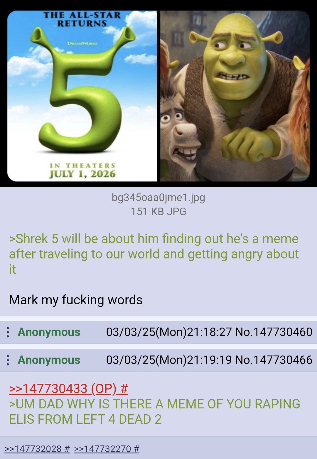 THE ALL-STAI RETURNS у JULY 1, 2026 151 JPG >Shrek 5 will be about him finding out he's a meme after traveling to our world and getting angry about it Mark my fucking words Anonymous 03/03/25(Mon)21:1