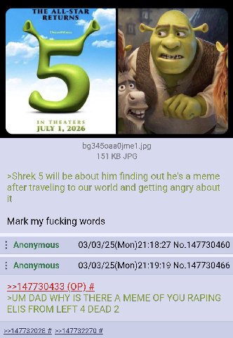 THE ALL-STAI RETURNS у JULY 1, 2026 151 JPG >Shrek 5 will be about him finding out he's a meme after traveling to our world and getting angry about it Mark my fucking words Anonymous 03/03/25(Mon)21:1
