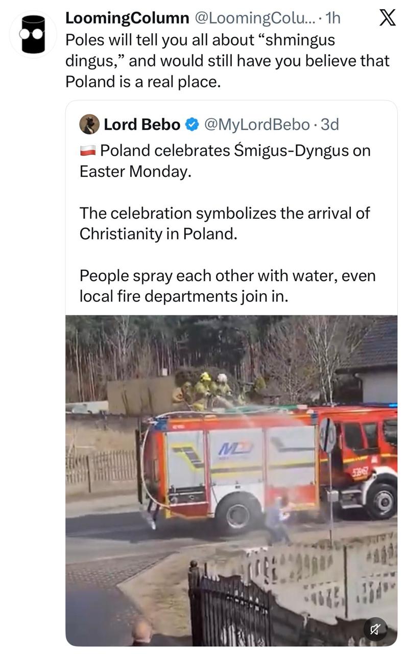 LoomingColumn @LoomingColu...: Poles will tell you all about “shmingus dingus,” and would still have you believe that Poland is a real place. Lord Bebo @MyLordBebo Poland celebrates Smigus-Dyngus on E