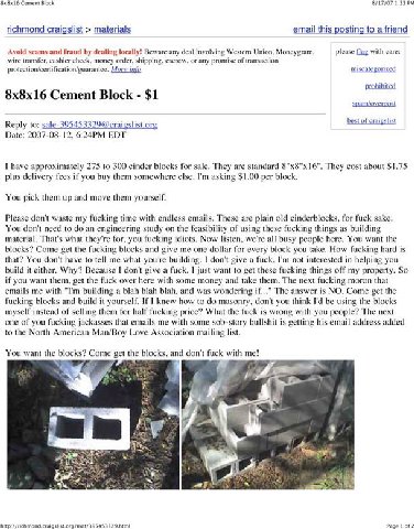 Cement Block 8/17/07 1:33 ind craigslist materials ini fri Avoid scams and fraud dealing locally! Beware any deal involving Western Union, Moneygram, please flag with care: wire transfer, cashier chec